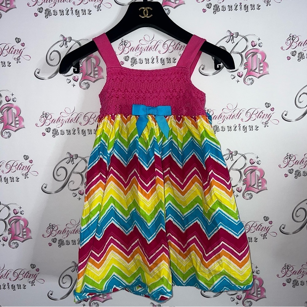Jenny & me dress rainbow bow tie up belted ruffle boho crochet dress cute